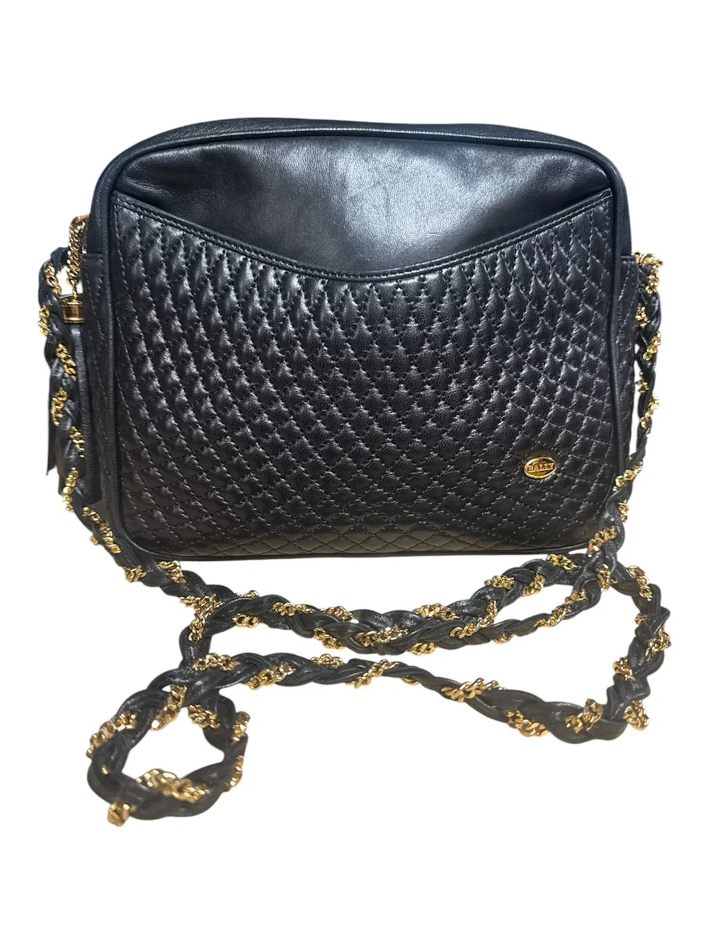 BALLY Italian Quilted Leather Crossbody Bag Chain Link Strap Tassel + Dust Bag - Picture 3 of 17
